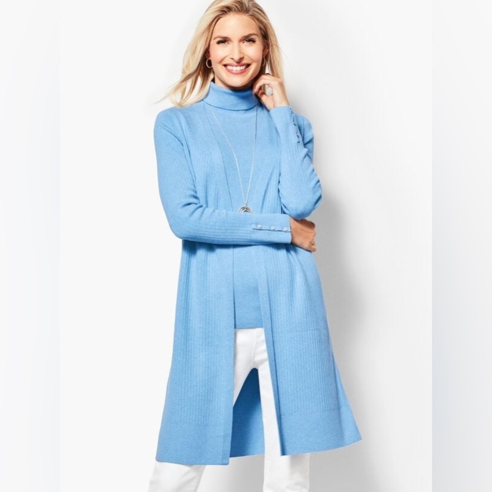Talbots Size Small Duster-Length Open Front Light Blue Cardigan